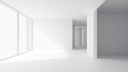 Poster - Minimalist interior with white walls, a large window and a hallway