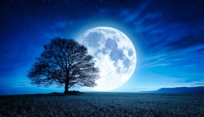 Wall Mural - solitary tree stands silhouetted against large, luminous full moon in serene night landscape. sky is