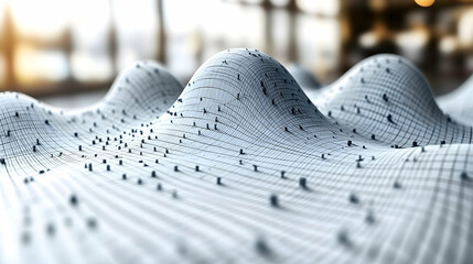 A light grid surface with cube shapes floats The backdrop is blurred out of focus