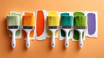 Poster - Row of paintbrushes with different colors of paint on a table. The colors are orange, yellow, green, blue, and purple