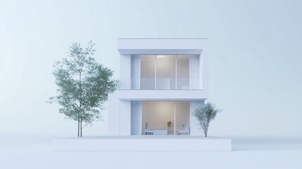 Poster - minimalist white two-story house with large windows and two trees in a plain setting