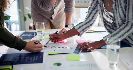 Poster - Meeting, documents and hands of business people with notes for planning, project review and statistics. Marketing, teamwork and man and women in discussion with infographic, research and ideas