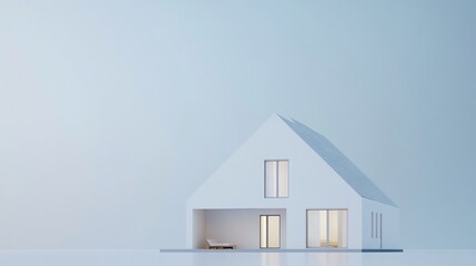 Poster - Minimalist white house rendering against a soft blue background showcasing clean lines