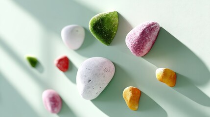 Poster - Collection of colorful rocks are arranged on a green surface. The rocks are of various sizes and colors, creating a visually appealing and diverse display
