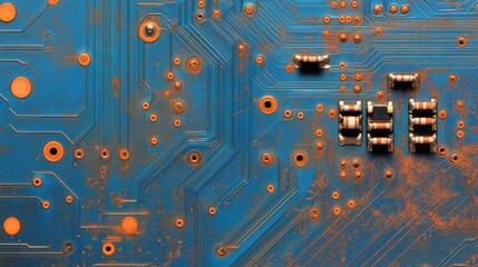 Poster - Close up of a blue circuit board with visible electronic components.