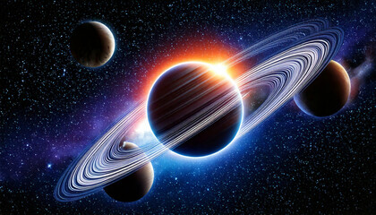 Wall Mural - stunning depiction of ringed planet surrounded by moons in vibrant galaxy, with bright star illumina