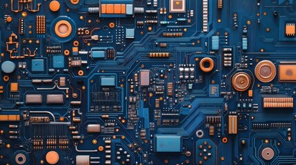 Poster - Close-up of a blue circuit board with various electronic components and connections.