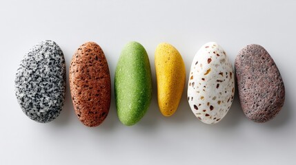 Poster - Row of rocks with different colors and textures. The rocks are arranged in a line, with some being larger and others smaller. The variety of colors and textures creates a sense of depth