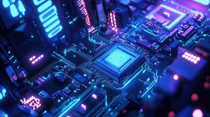 Poster - Illuminated circuit board with processor and glowing components close up.