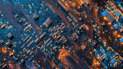 Poster - Aerial view of a circuit board with illuminated components and intricate patterns.