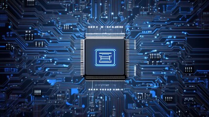 Poster - Microchip on a circuit board with blue lighting and complex interconnected pathways.