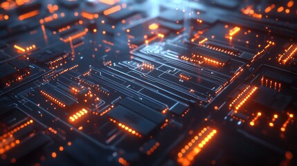 Poster - Abstract close-up of a circuit board with glowing orange and blue lights.