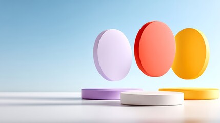 Poster - Series of colorful, abstract, three-dimensional circles are suspended in the air. The circles are of different sizes and colors, creating a sense of movement and depth