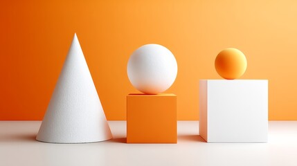 Poster - Three geometric shapes are arranged on a white background. The shapes are a cone, a sphere, and a cube. The arrangement of the shapes creates a sense of balance and harmony, with the cone
