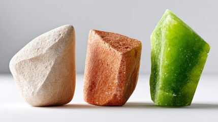 Poster - Three different colored rocks are stacked on top of each other. The rocks are green, brown, and white