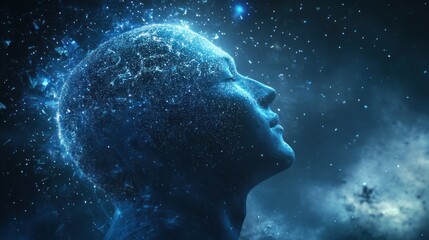 Poster - Human head silhouette with glowing brain and cosmic background represents intelligence.
