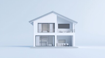 Poster - Modern minimalist two-story house with grey roof and white walls on a light blue background