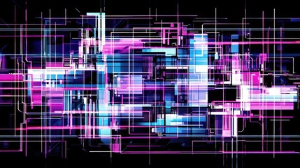 Poster - Abstract grid with pink and blue light streaks on a dark background.