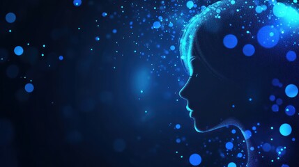 Poster - Silhouette of a human head with glowing particles on a dark blue background.