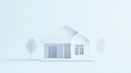 Poster - Monochromatic minimalist house rendering with two trees on a soft background