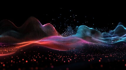 Poster - Abstract landscape with wavy shapes and colorful lighting against a dark background.