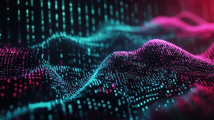 Poster - Abstract digital landscape with glowing dots in blue and pink colors.