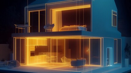 Aufkleber - Modern house design with glowing outline rendering at night with bedroom kitchen