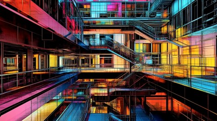 Poster - Abstract Architecture Building With Vivid Colors and Reflective Surfaces Creating a Modern Urban Feel