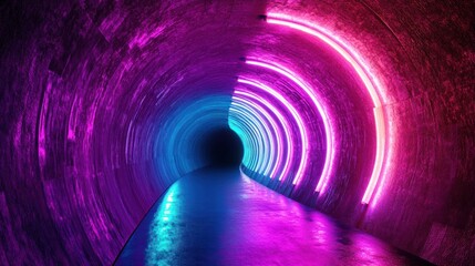 Poster - Tunnel with neon lights showing pink purple and blue colors creating abstract effect.