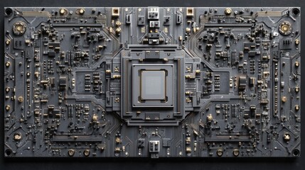 Poster - Close up of a gray computer motherboard with integrated circuits and components.