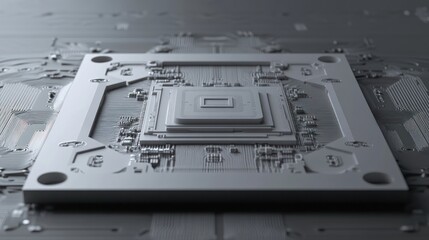 Poster - Close-up of a microchip or integrated circuit on a gray surface.
