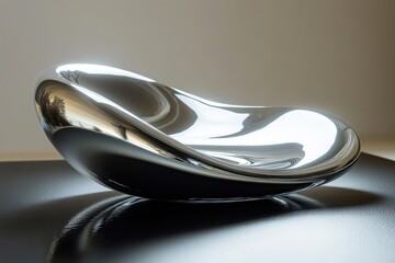Poster - Reflective metal sculpture on a dark surface with soft lighting in a minimalist setting