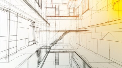 Aufkleber - Architectural Blueprint Perspective Sketch with Staircase and Warm Yellow Tones