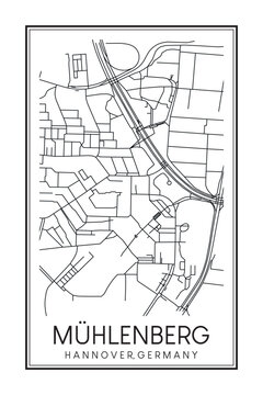 Hand drawn printable downtown road map poster of borough MÜHLENBERG of the German city of HANOVER on solid white background with city name