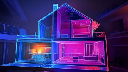 Aufkleber - Neon Wireframe House Model with Detailed Interior and Modern Design in Vibrant Colors