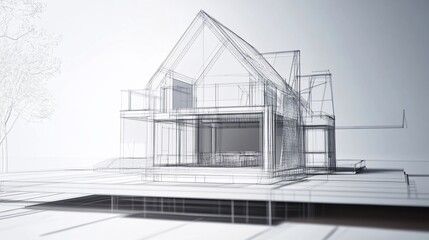 Aufkleber - Architectural blueprint of a modern house with a detailed wireframe structure and a minimalist style