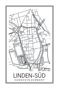 Hand drawn printable downtown road map poster of borough LINDEN-SÜD of the German city of HANOVER on solid white background with city name