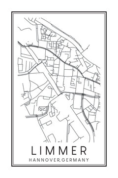 Hand drawn printable downtown road map poster of borough LIMMER of the German city of HANOVER on solid white background with city name