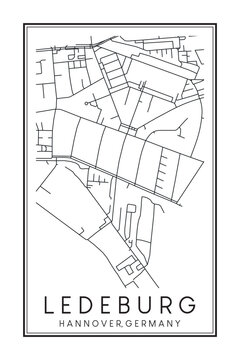 Hand drawn printable downtown road map poster of borough LEDEBURG of the German city of HANOVER on solid white background with city name