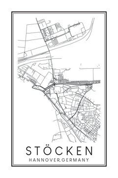 Hand drawn printable downtown road map poster of borough STÖCKEN of the German city of HANOVER on solid white background with city name
