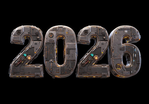 2026 Futuristic Steel Number Design with Dark Background