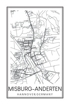Hand drawn printable downtown road map poster of borough MISBURG-ANDERTEN of the German city of HANOVER on solid white background with city name
