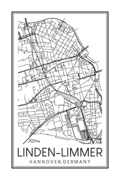 Hand drawn printable downtown road map poster of borough LINDEN-LIMMER of the German city of HANOVER on solid white background with city name