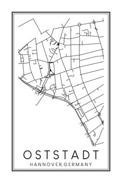 Hand drawn printable downtown road map poster of borough OSTSTADT of the German city of HANOVER on solid white background with city name