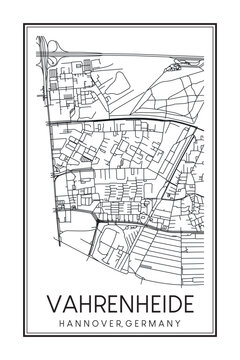 Hand drawn printable downtown road map poster of borough VAHRENHEIDE of the German city of HANOVER on solid white background with city name