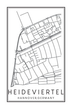 Hand drawn printable downtown road map poster of borough HEIDEVIERTEL of the German city of HANOVER on solid white background with city name