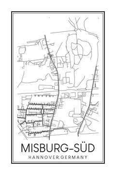 Hand drawn printable downtown road map poster of borough MISBURG-SÜD of the German city of HANOVER on solid white background with city name