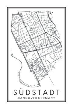 Hand drawn printable downtown road map poster of borough SÜDSTADT of the German city of HANOVER on solid white background with city name