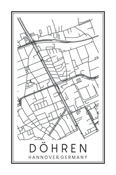 Hand drawn printable downtown road map poster of borough DÖHREN of the German city of HANOVER on solid white background with city name