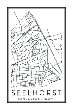 Hand drawn printable downtown road map poster of borough SEELHORST of the German city of HANOVER on solid white background with city name